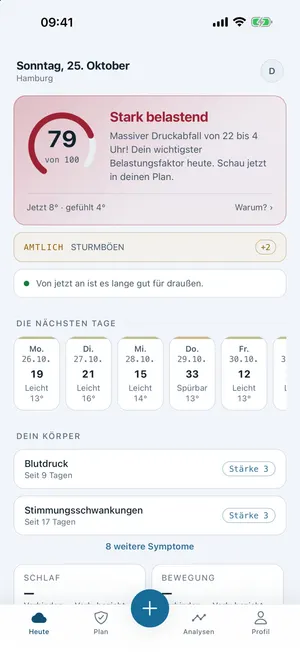 Vorly-App: Startbildschirm mit persönlicher Belastung von 0 bis 100, dem besten Zeitfenster für draußen und der Vorschau für die nächsten Tage