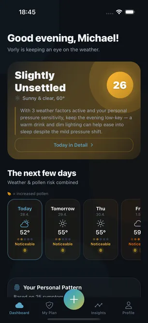 Vorly app: dashboard with personal risk score and forecast for the coming days