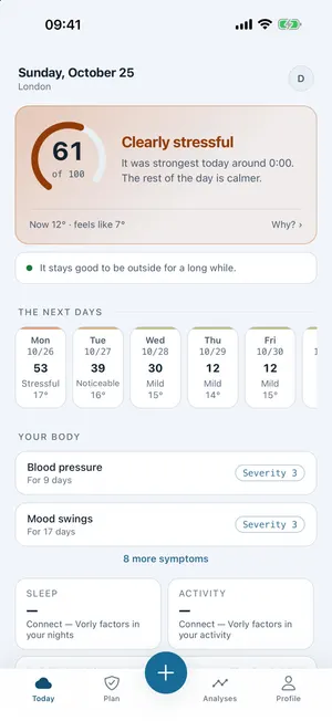 Vorly app: home screen with your personal strain from 0 to 100, the best window to be outdoors and the outlook for the coming days