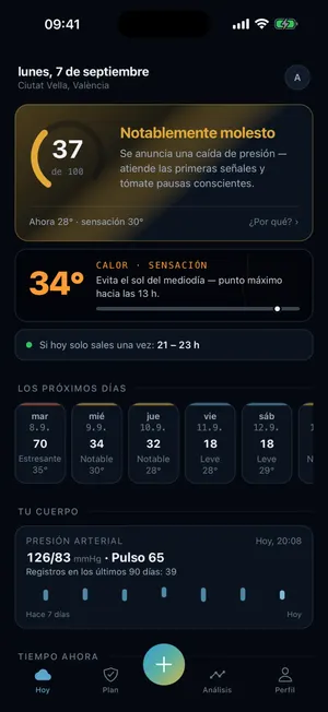 App Vorly: pantalla de inicio con tu carga personal de 0 a 100, la mejor franja para salir y la previsión de los próximos días