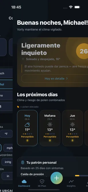 App Vorly: panel con puntuación de riesgo personal y previsión de los próximos días