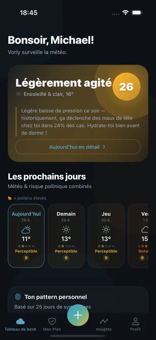 Application Vorly : tableau de bord avec score de risque personnel et prévisions des prochains jours