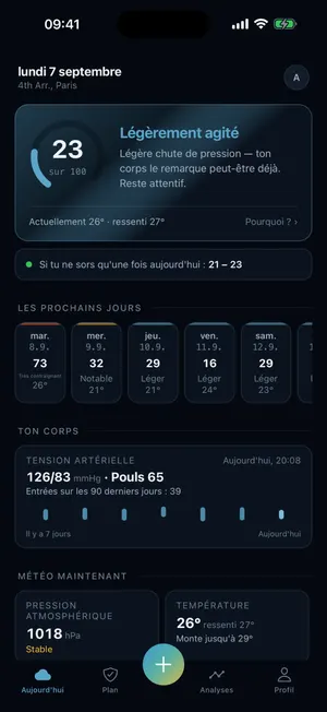 Application Vorly : écran d'accueil avec votre charge personnelle de 0 à 100, le meilleur créneau pour sortir et l'aperçu des prochains jours