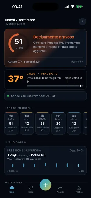 App Vorly: schermata iniziale con il tuo carico personale da 0 a 100, la fascia migliore per uscire e la previsione dei prossimi giorni