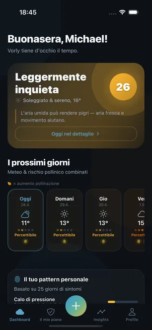 App Vorly: dashboard con punteggio di rischio personale e previsione dei prossimi giorni