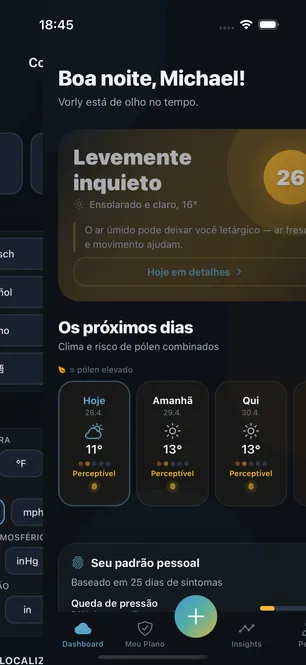 App Vorly: painel com pontuação de risco pessoal e previsão dos próximos dias