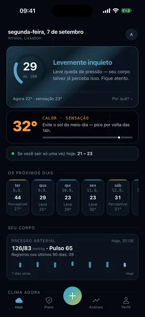 App Vorly: tela inicial com sua carga pessoal de 0 a 100, o melhor horário para sair e a previsão dos próximos dias